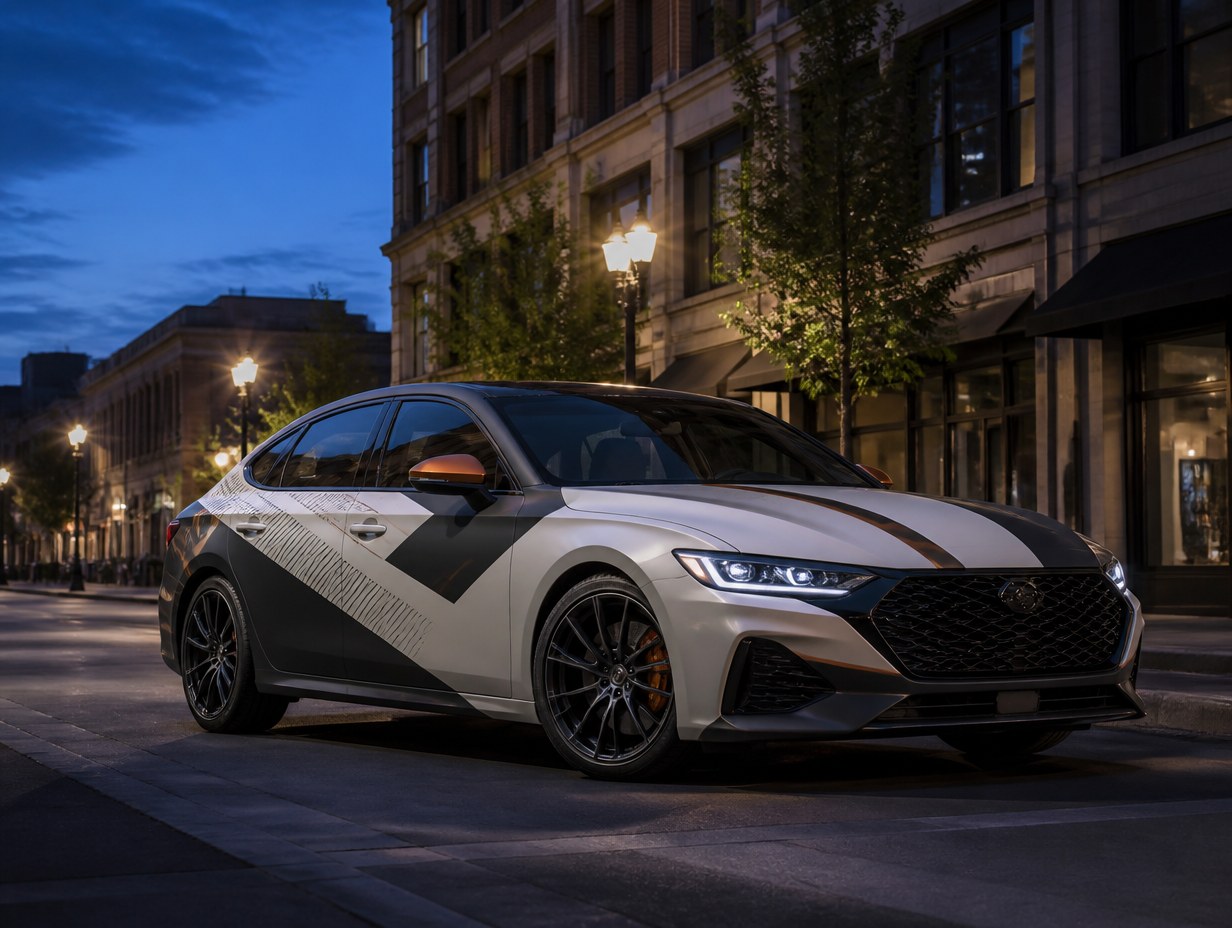 AI-generated sedan wrap mockup sample