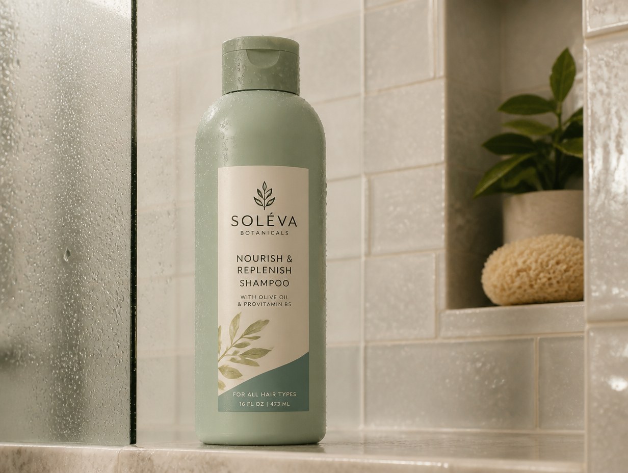 AI-generated shampoo bottle label mockup sample