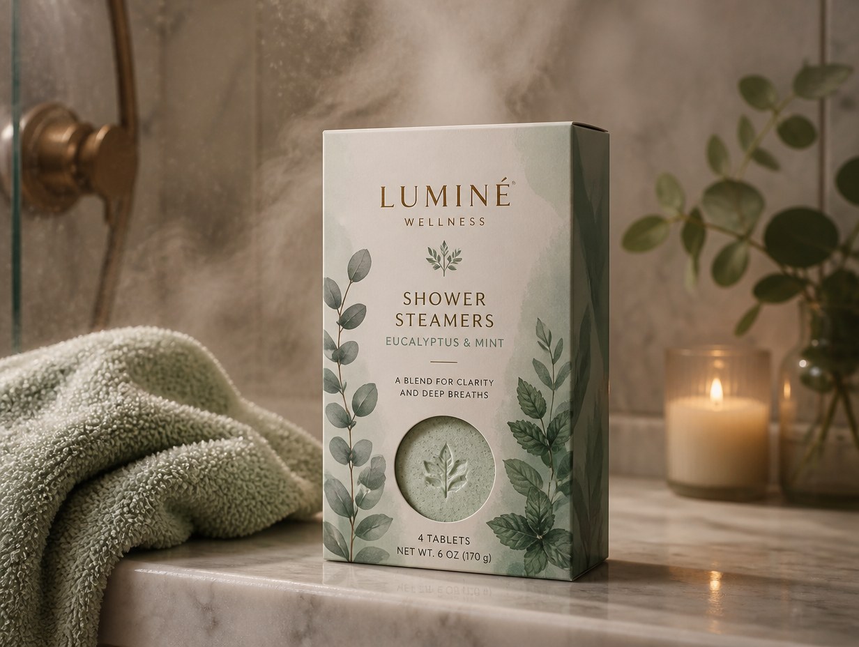 AI-generated shower steamer box mockup sample