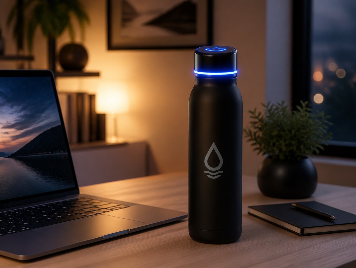 AI-generated smart water bottle mockup sample