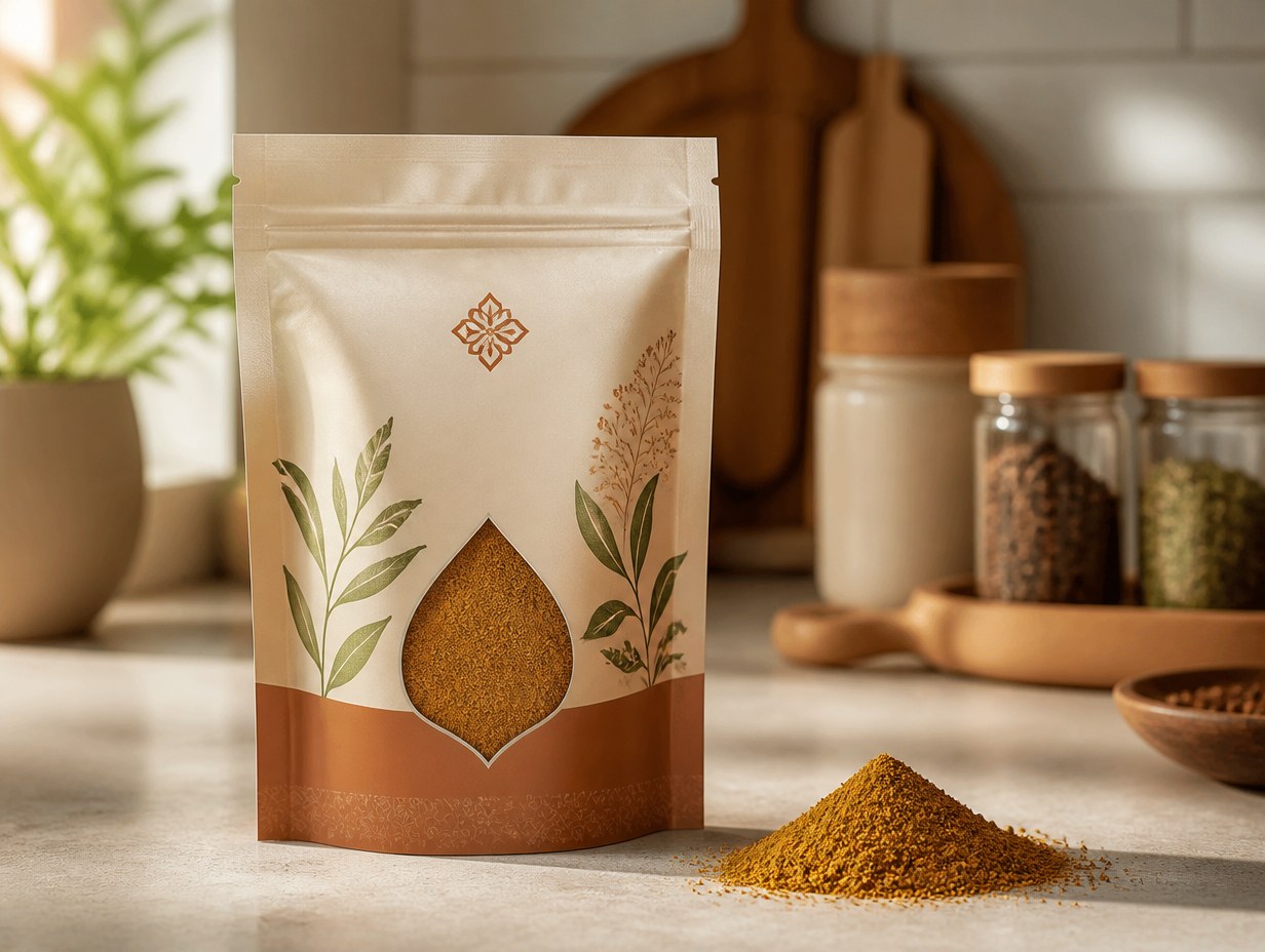 AI-generated spice pouch mockup sample