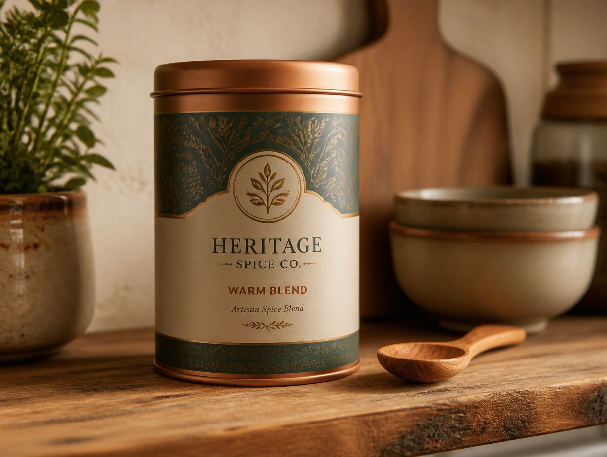 AI-generated spice tin mockup sample