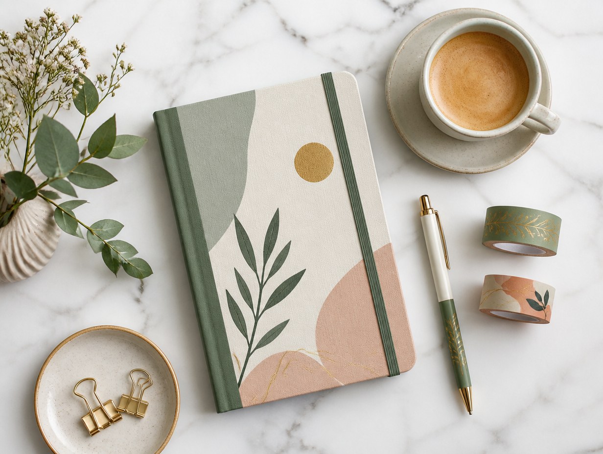 AI-generated stationery flat lay mockup sample