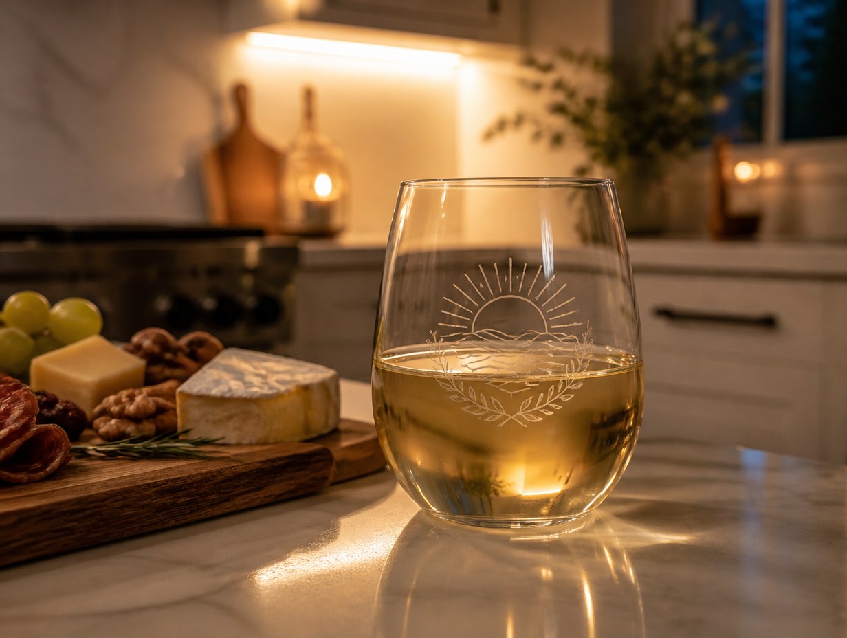 AI-generated stemless wine glass mockup sample