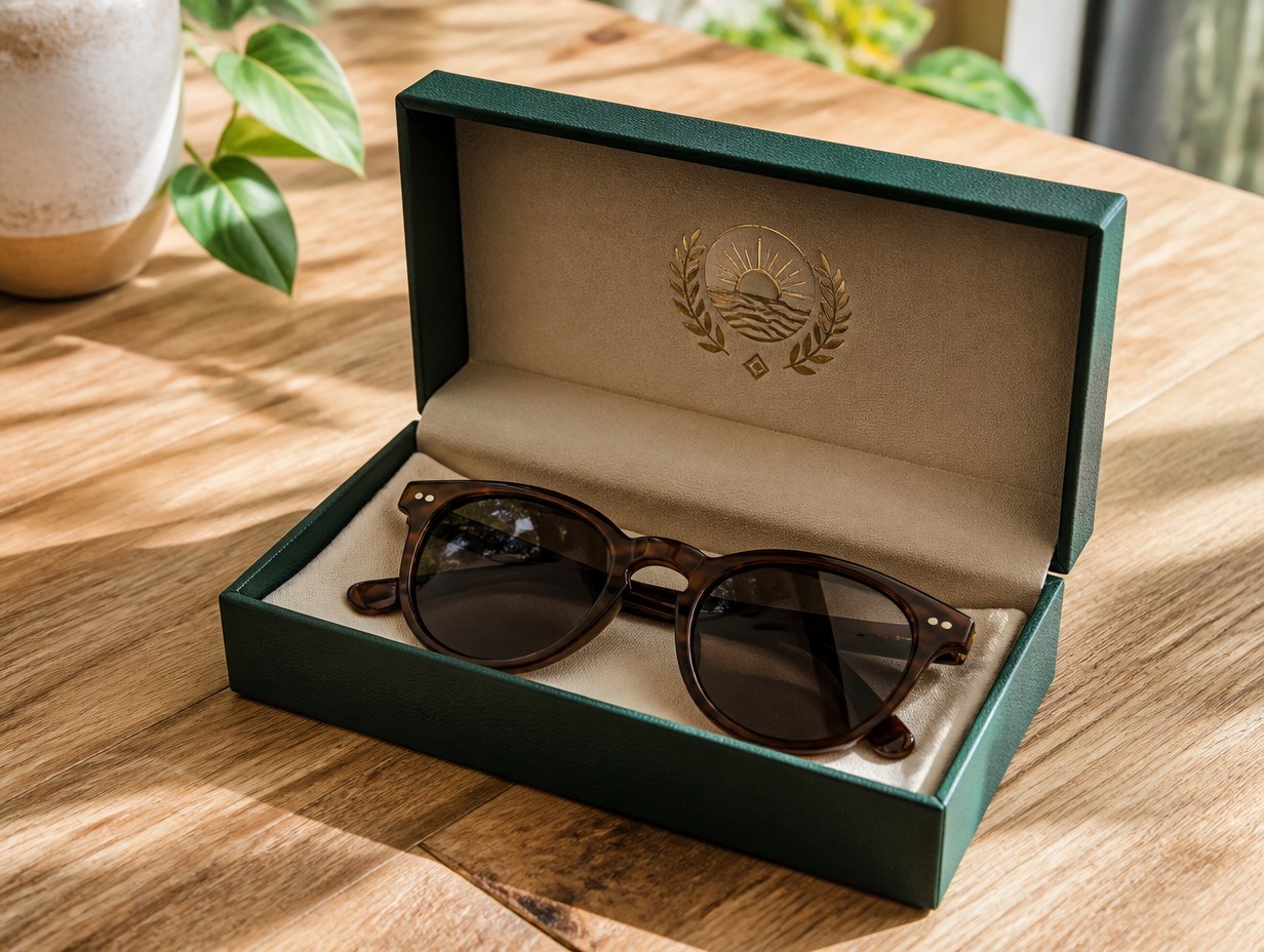 AI-generated sunglasses box mockup sample