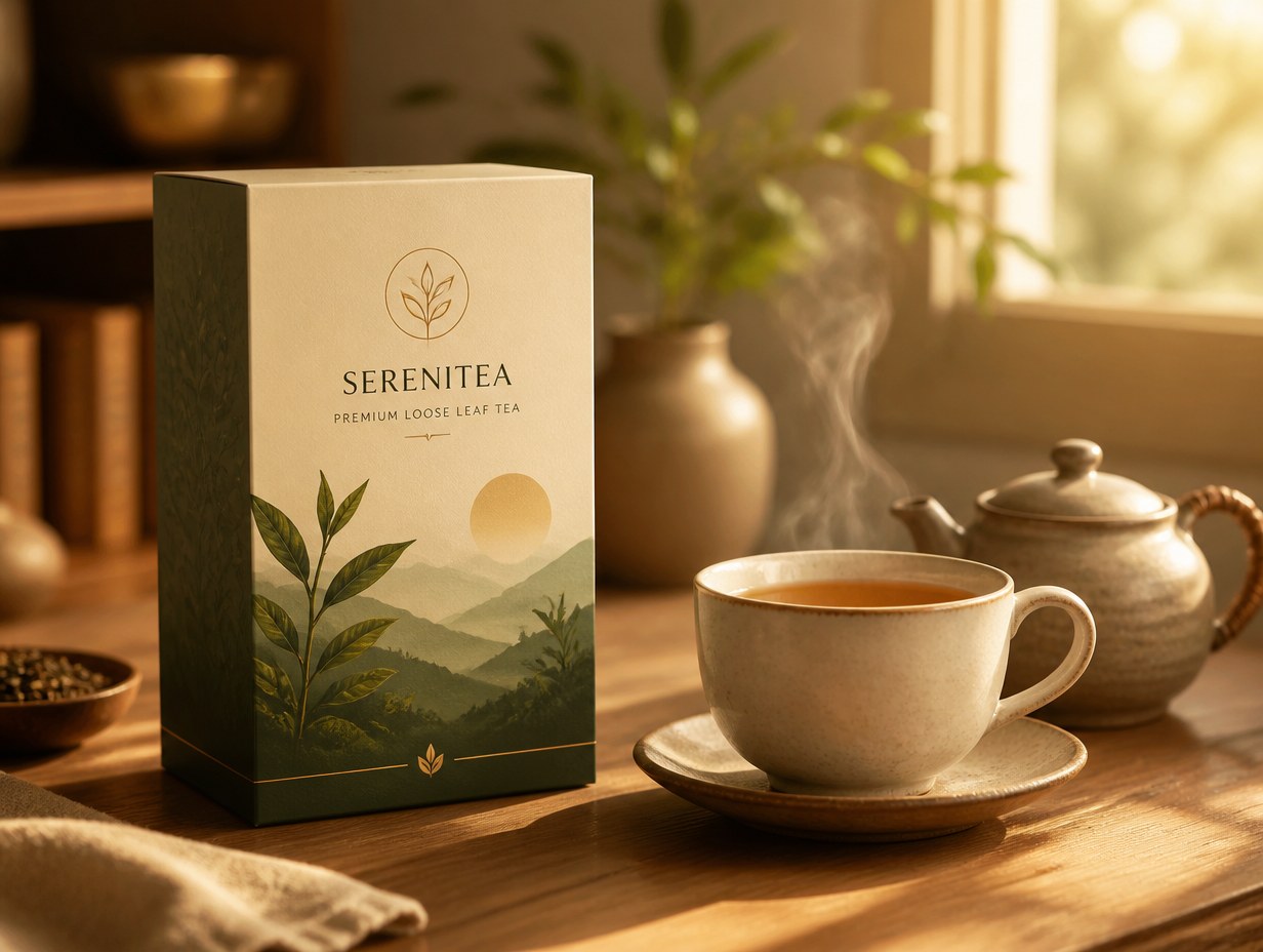 AI-generated tea box mockup sample