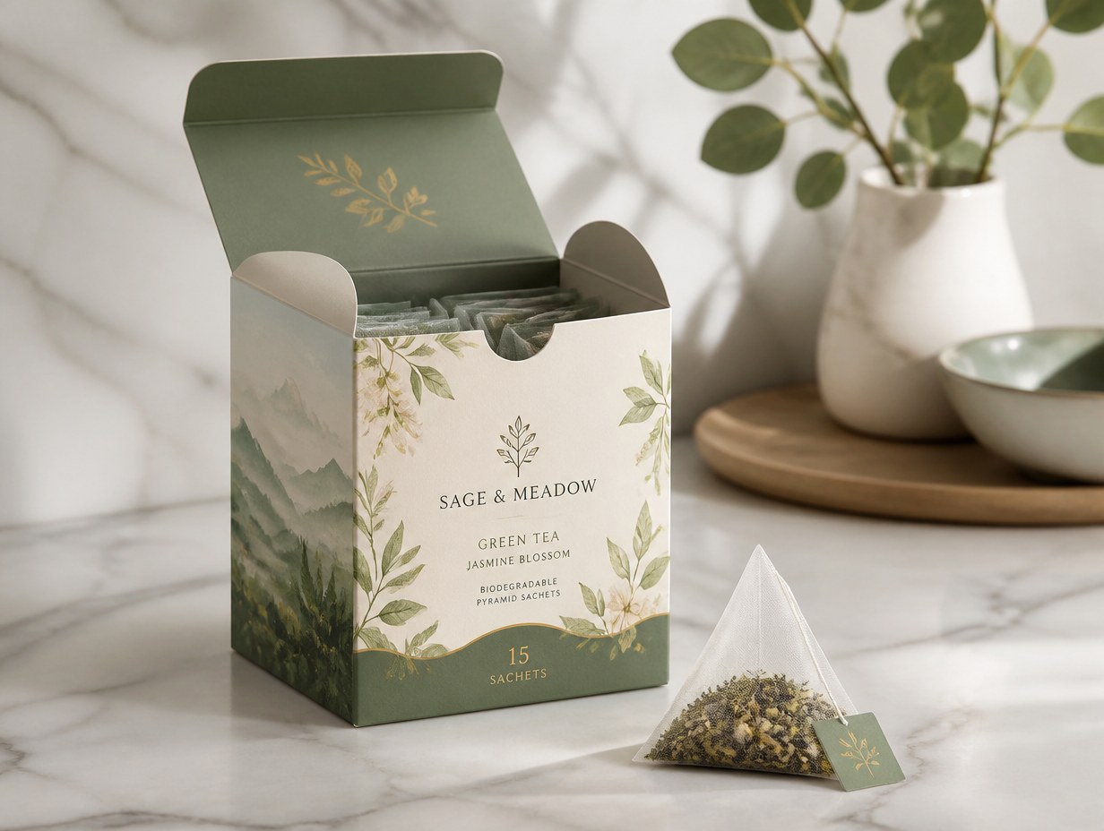 AI-generated tea sachet box mockup sample