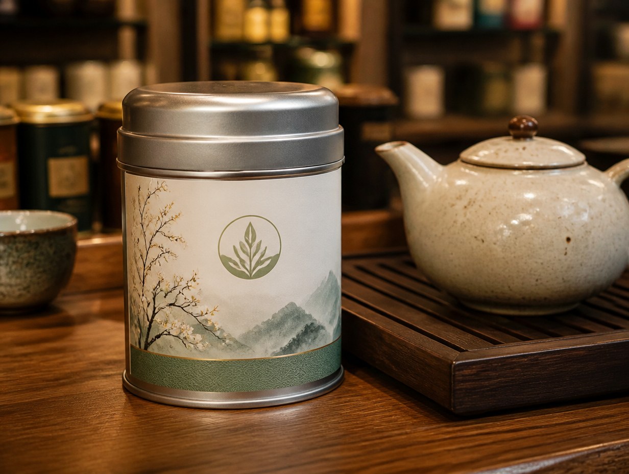 AI-generated tea tin label mockup sample
