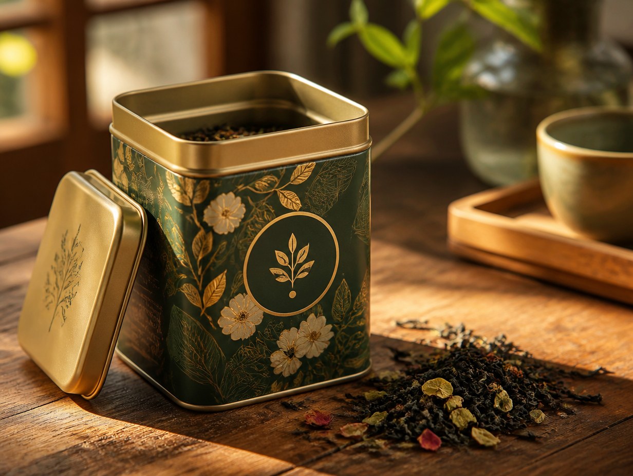 AI-generated tea tin mockup sample