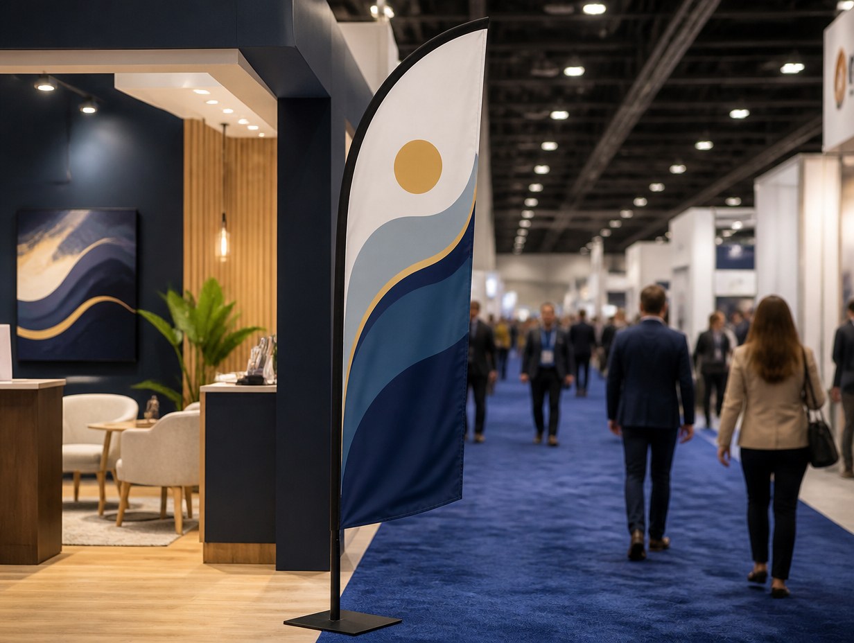AI-generated trade show flag mockup sample