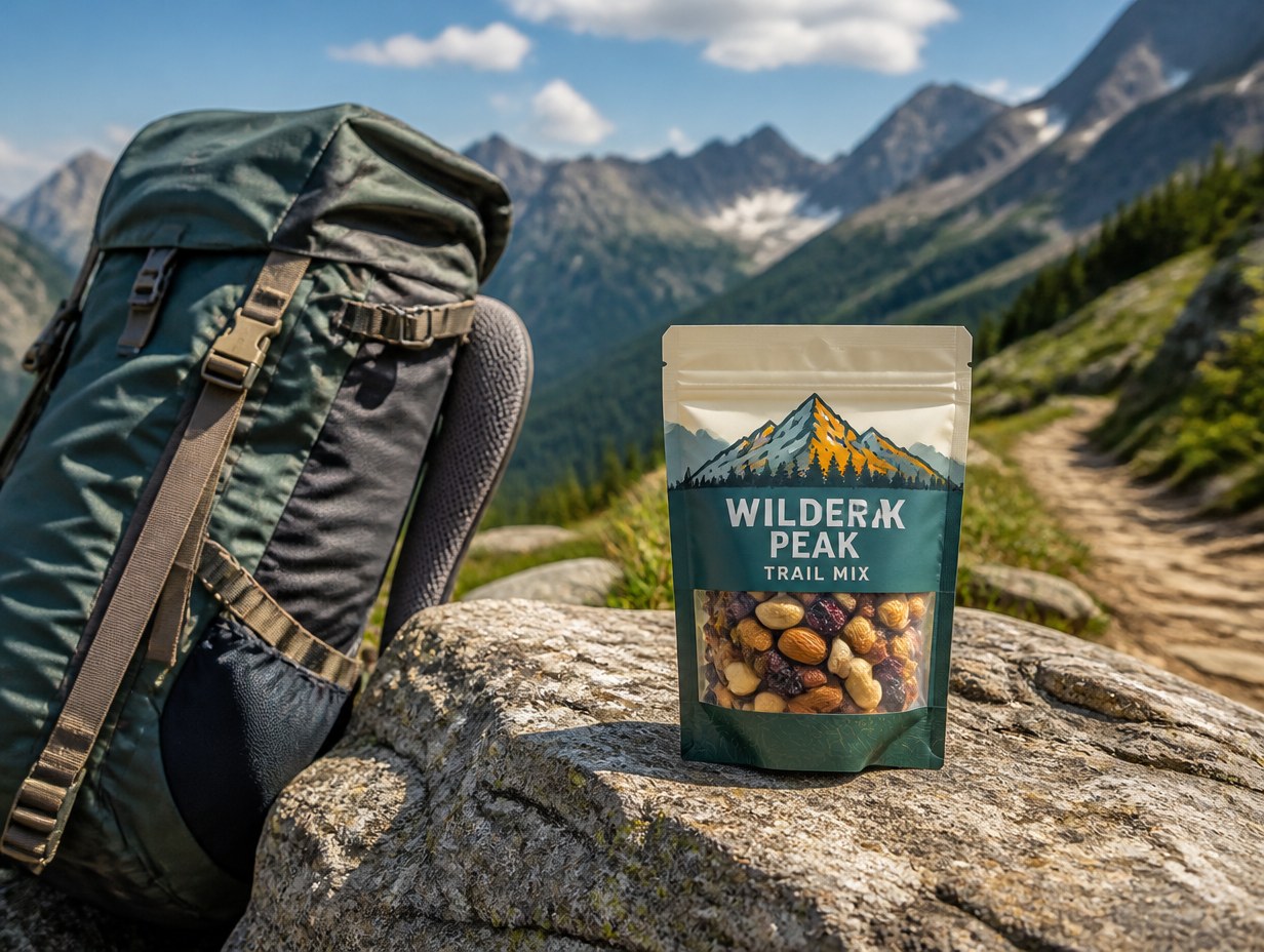 AI-generated trail mix bag mockup sample