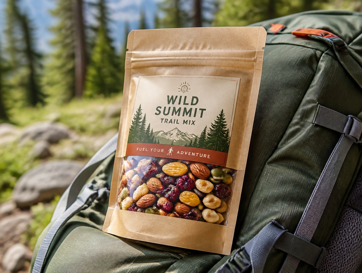 AI-generated trail mix label mockup sample