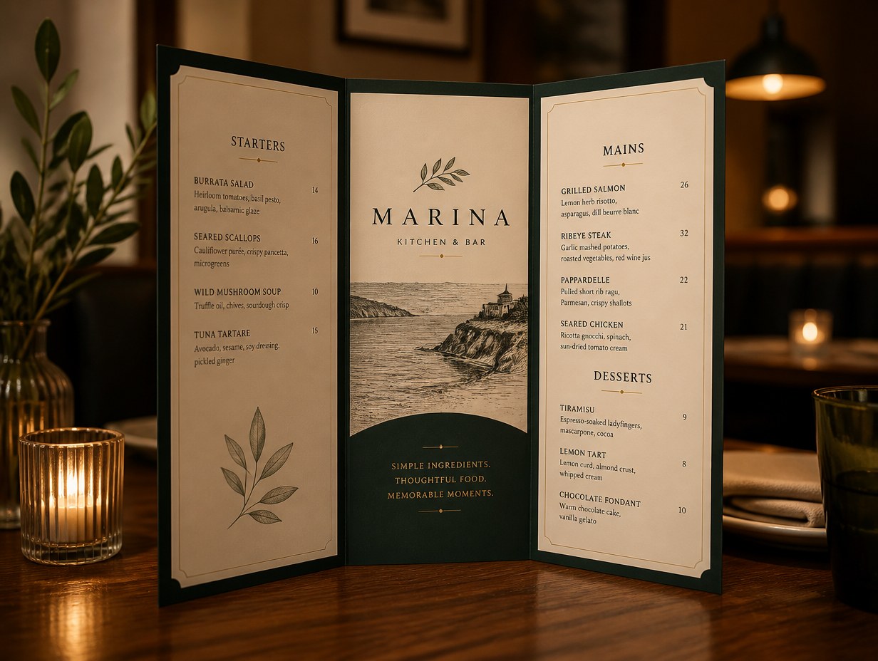 AI-generated tri-fold menu mockup sample