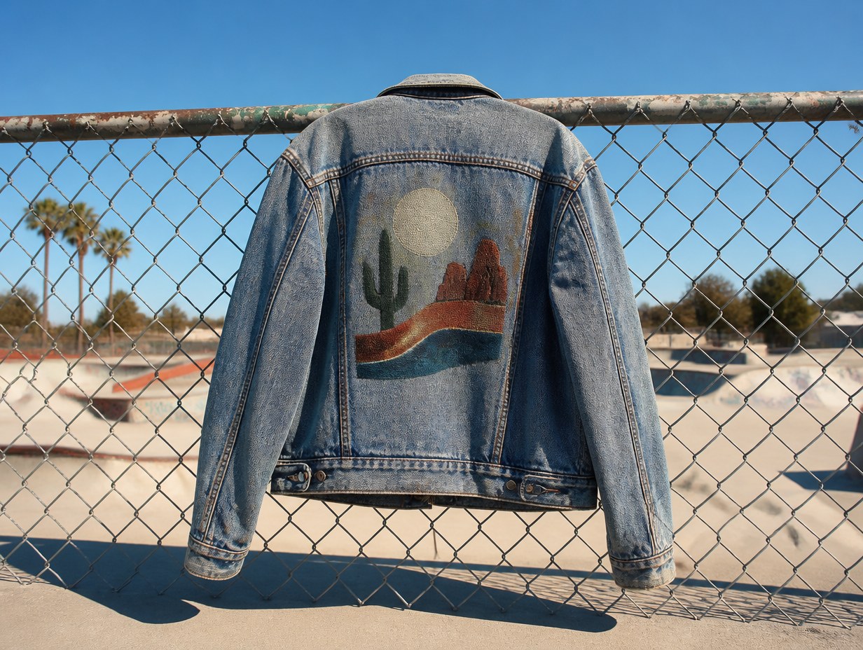 AI-generated trucker jacket mockup sample
