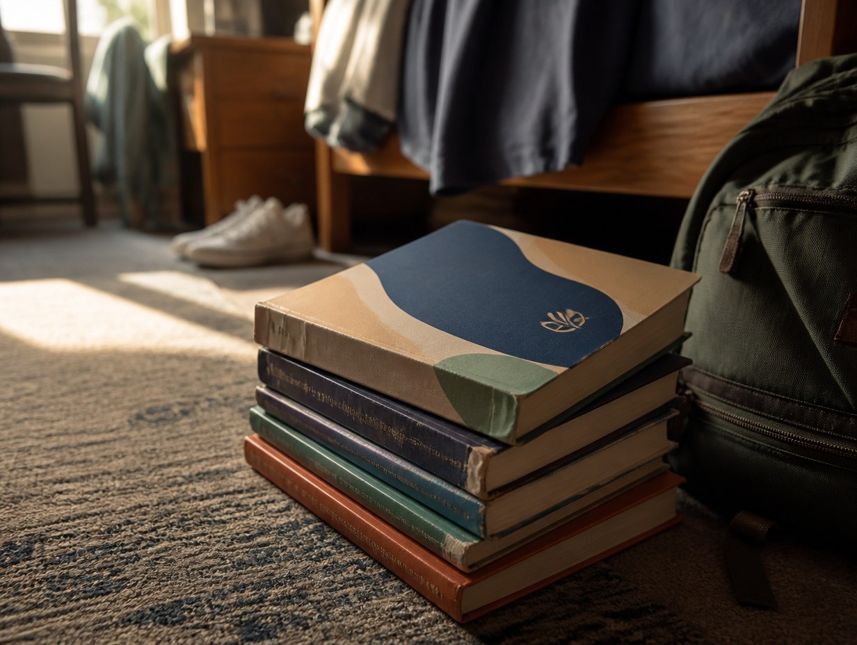 AI-generated used textbook stack mockup sample