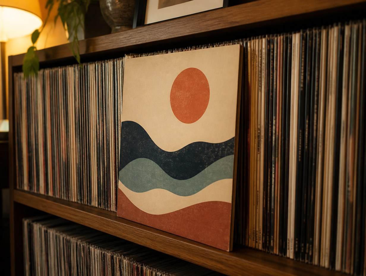 AI-generated vinyl record shelf mockup sample