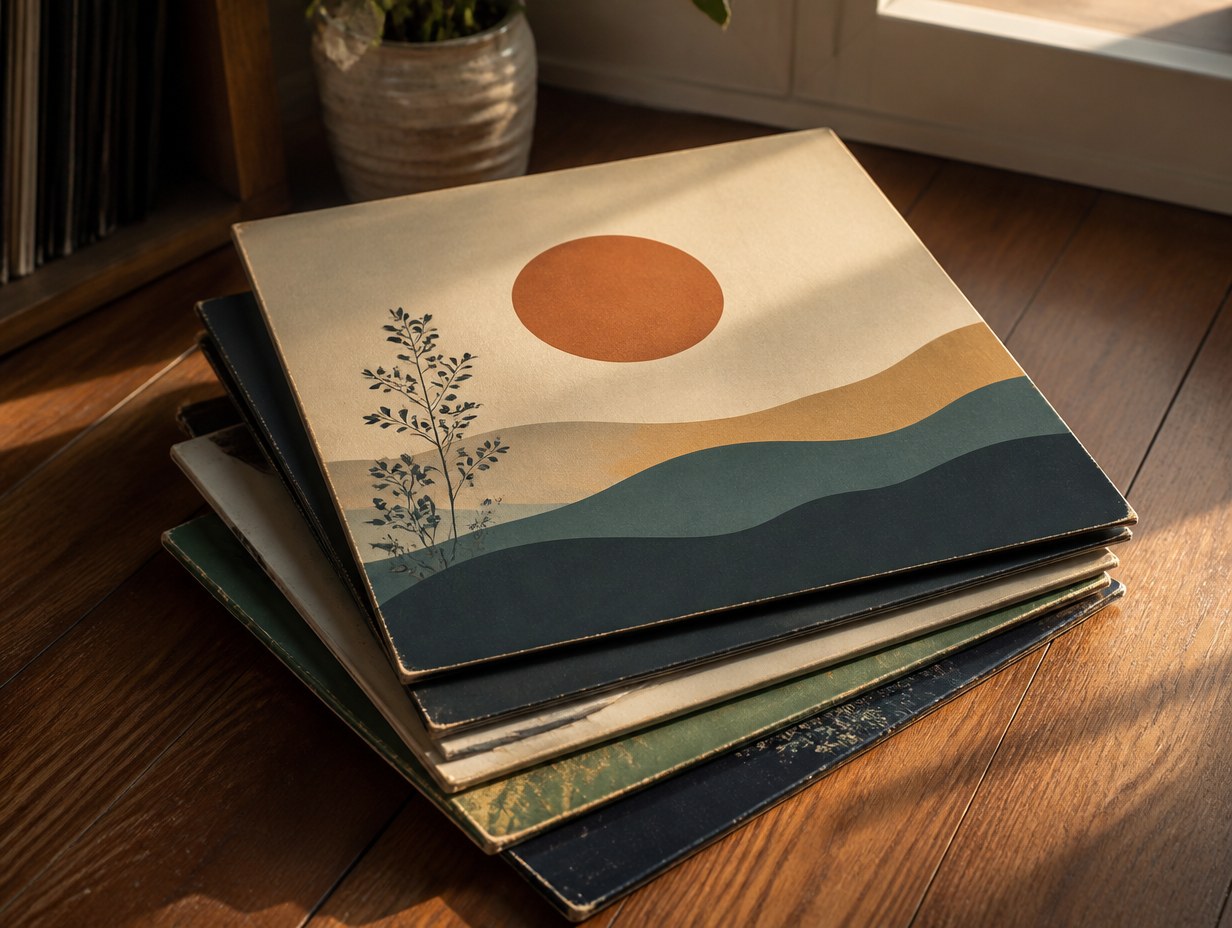 AI-generated vinyl record stack mockup sample