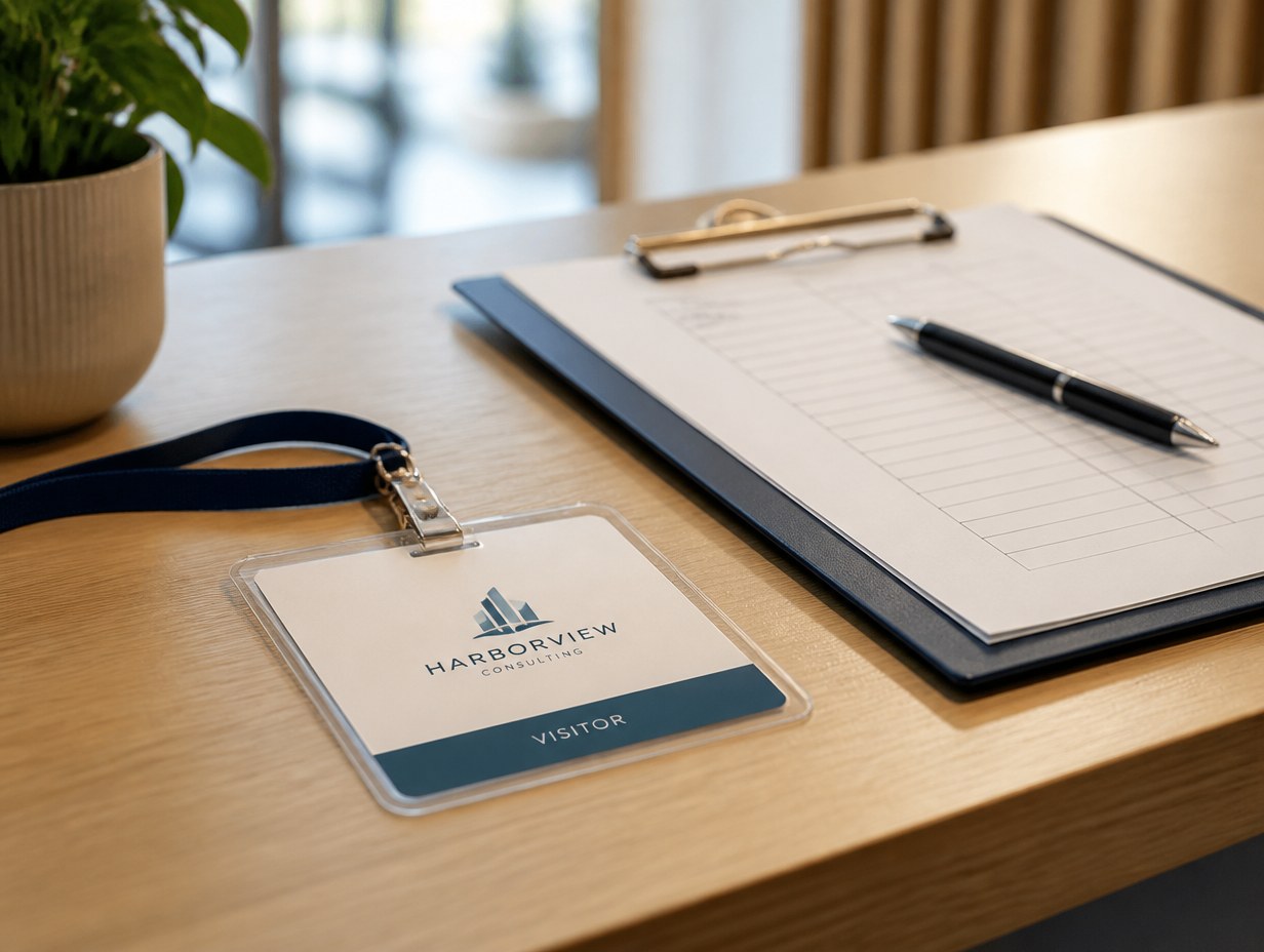 AI-generated visitor badge mockup sample