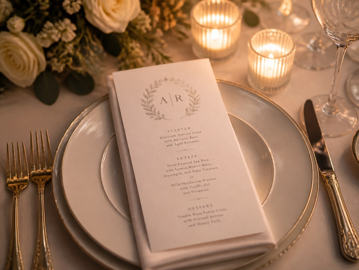 AI-generated wedding menu card mockup sample