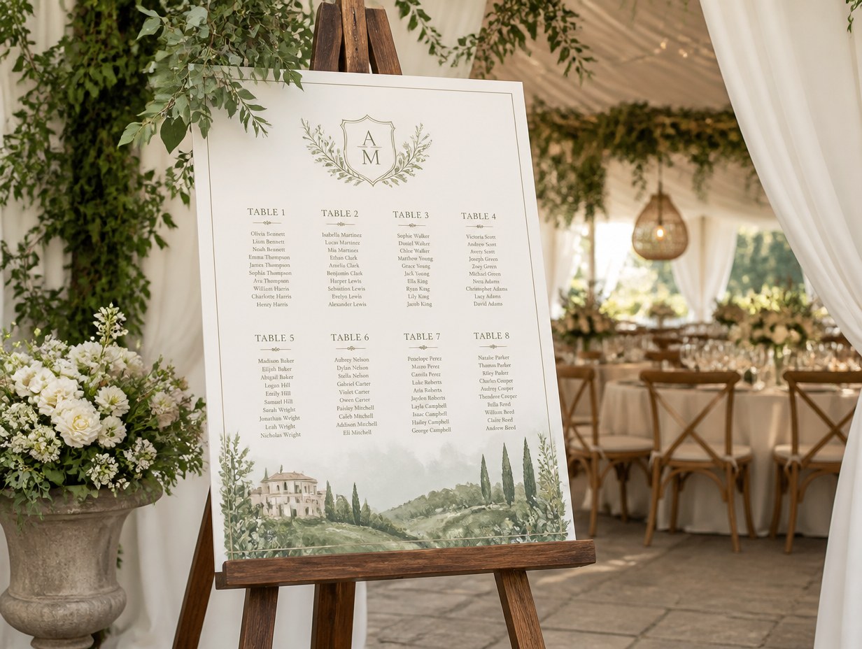 AI-generated wedding seating chart easel mockup sample