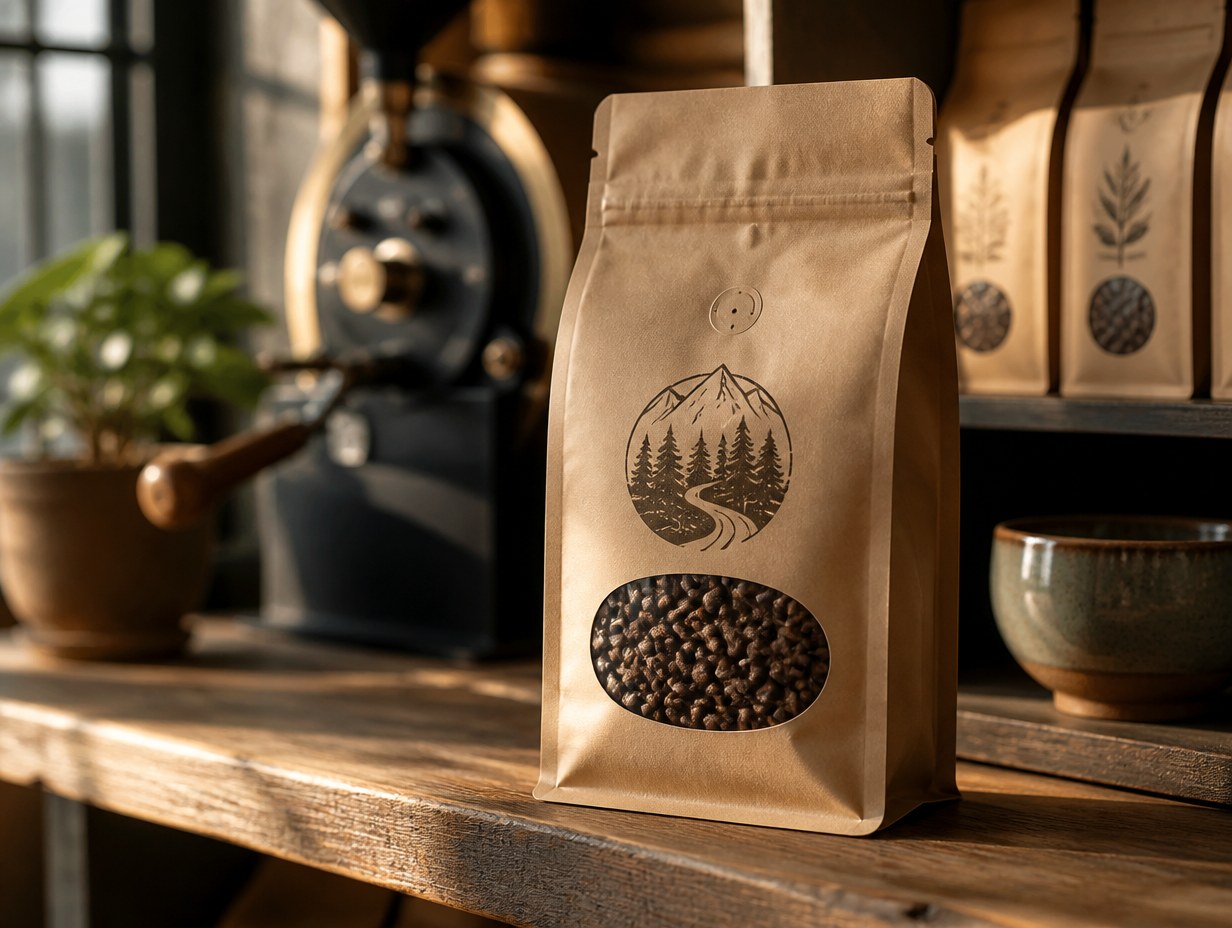 AI-generated window coffee bag mockup sample