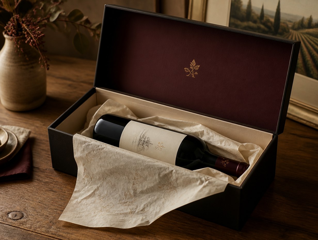 AI-generated wine bottle box mockup sample
