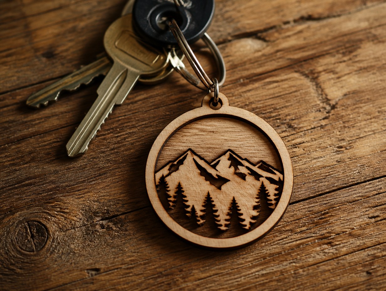 AI-generated wood keychain mockup sample