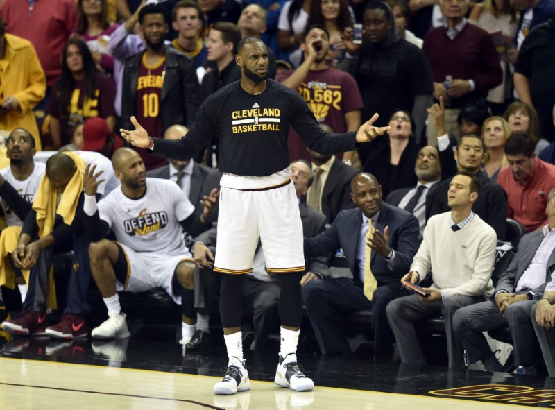 Cleveland OH USA Cleveland Cavaliers forward Le Bron James reacts in the third quarter against the Boston Celtics in