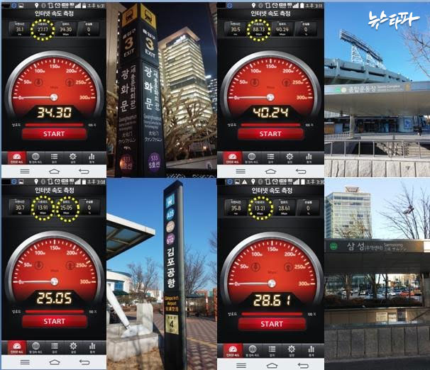 ▲ LTE 속도 측정값. 왼쪽 위로부터 시계 방향으로 광화문역 3번 출구 1월 6일 오후 6시 31분(내려받기가 27.17메가bps에 지나지 않았다), 종합운동장역 6번 출구 1월 7일 오후 3시 11분(내려받기가 88.73메가bps로 가장 빨랐다), 삼성역 5번 출구 1월 7일 오후 3시 30분(내려받기가 13.21메가bps로 가장 느렸다), 김포공항역 4번 출구 1월 11일 오후 3시 8분(내려받기 13.91메가bps, 올리기 25.05메가bps에 불과했다).