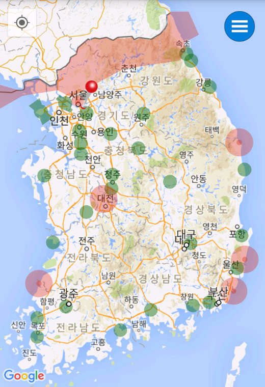 ▲ 붉은색이 비행금지구역, 초록색은 관제권(공항 반경 9.3km)으로 모두 드론 비행이 금지되는 지역이다. (한국드론협회 제작 앱 ‘READY TO FLY’ 화면) 