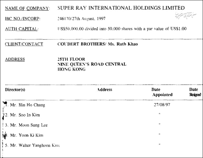 ▲ 조세도피처인 영국령 버진 아일랜드에 설립된 Super Ray International의 이사 명부. 이 회사를 포함해 3개의 페이퍼 컴퍼니가 진로그룹의 부도 직전 설립되었다.