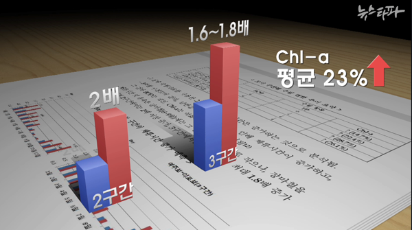 ▲ 4대강 사업이후 녹조발생에 영향을 주는 chl-a 평균 23% 증가