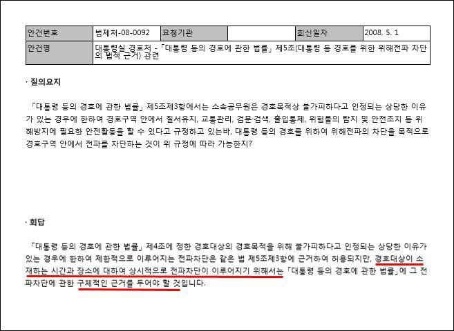 ▲ 대통령 경호를 위한 전파 차단의 법적 근거에 대한 법제처 유권 해석