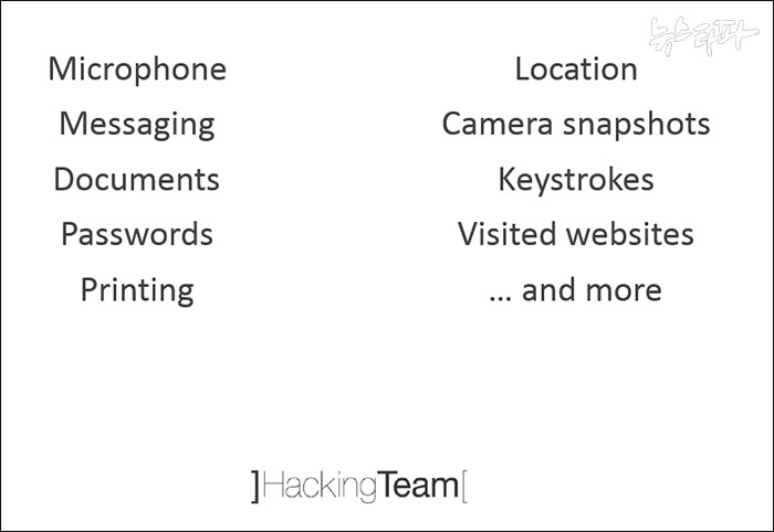 ▲ 해킹팀이 소개자료에 담은 RCS로 수집가능한 정보.