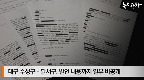 ▲ 대구 수성구와 달서구는 사회단체보조금지원 심의위원 발언자는 물론 지원 단체명, 보조금 지원 액수 등 일부 내용까지 가린 채 회의록을 부분 공개했다.