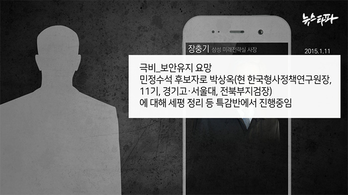 극비_보안유지 요망 민정수석 후보자로 박상옥(현 한국형사정책연구원장, 11기, 경 기고 서울대, 전북부지검장)에 대해 세평 정리 등 특감반에서 진행중임 2015년 1월 11일