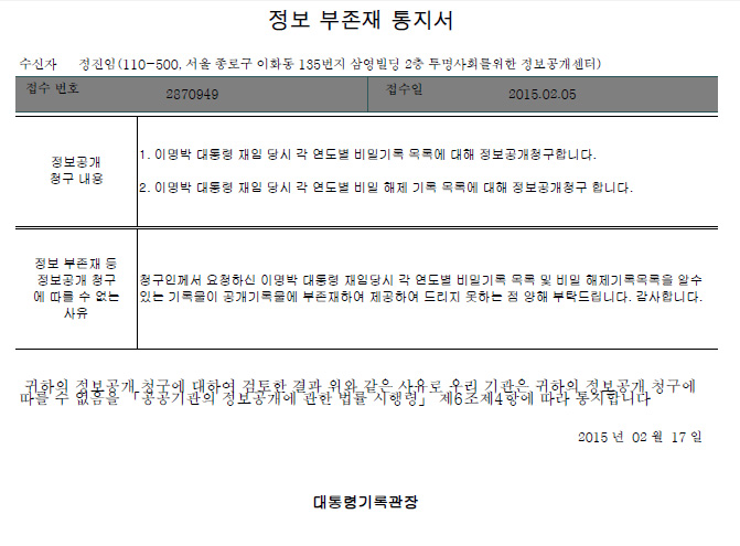 ▲ 대통령기록관은 MB 재임 중 비밀기록목록과 비밀해제기록목록 모두 존재하지 않는다고 통지