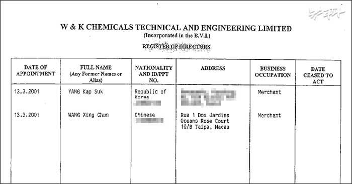 ▲ W & K chemicals technical and engineering limited의 이사 명부. 양갑석 전 고합그룹 사장과 왕싱천 회장이 공동 이사로 등재되어 있다.