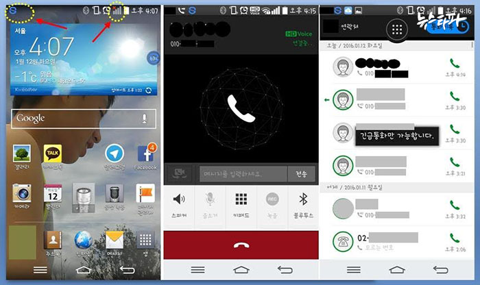 ▲ 12일 오후 4시 7분 먹통 된 휴대폰(왼쪽). 노란 점선 원 안에 빨간색 ‘×’ 표시가 뚜렷하고, 이동통신사업자 표식도 사라졌다. 기자가 건물 밖으로 나가 과학기술•정보방송통신인 신년 인사회 참석자에게 송신한 4시 15분 통화 기록(가운데). 기자가 건물 안으로 들어갔을 때 다시 먹통 된 휴대폰(오른쪽). ‘긴급통화만 가능하다’는 문자가 떴으나 역시 송신 버튼이 움직이지 않았다.