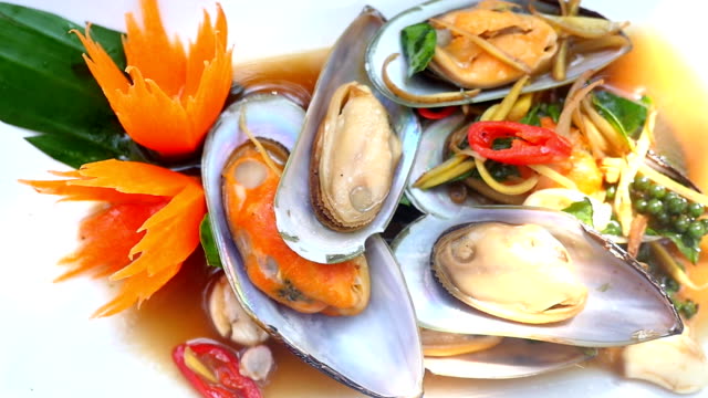 Chef Presentation Of Delicious Mussels In Craft Wooden Bowl ...
