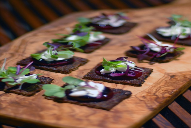 Get the Goat Cheese And Baby Beet CanapÃ© With Balsamic Glaze And Micro Herbs recipe from heneedsfood