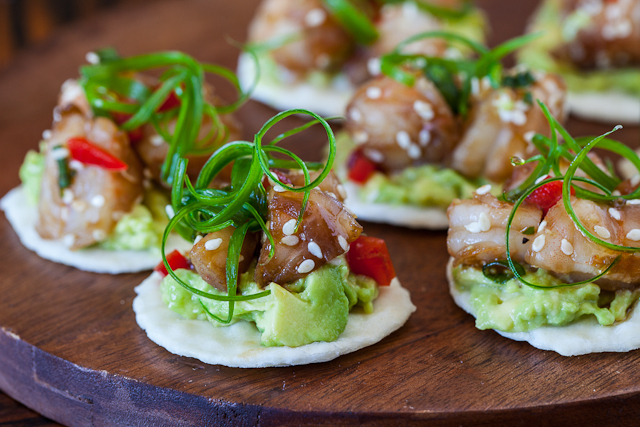 Get the Wasabi Shrimp With Avocado On Rice Cracker recipe from Steamy Kitchen