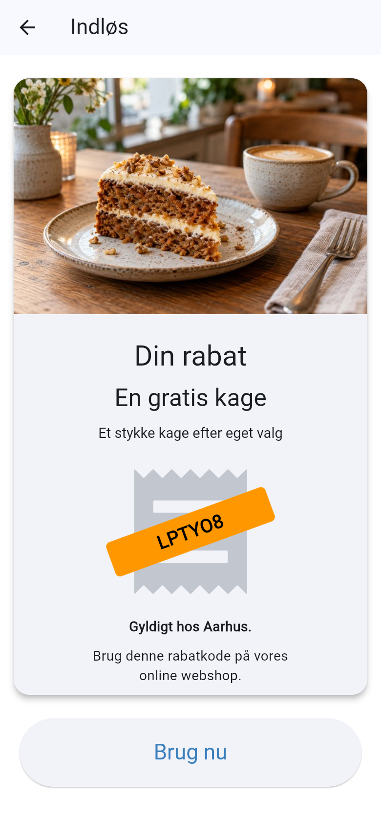 Eksempel på kvittering for indløsning af værdikort online