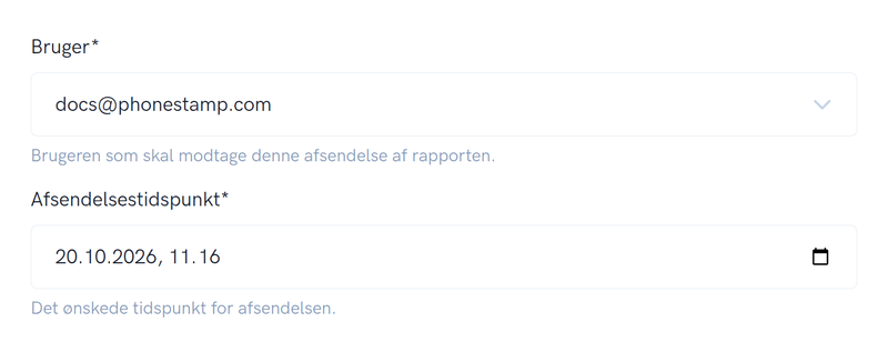 Eksempel på valg af modtager og afsendelsestidspunkt for manuel afsendelse af en rapport