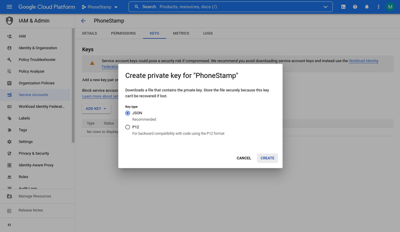 google-cloud-service-account-create-key