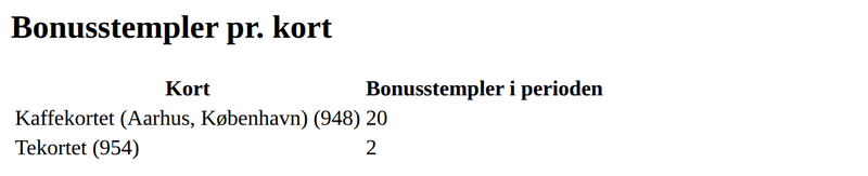 Eksempel på bonusstempler pr. kort i en rapport