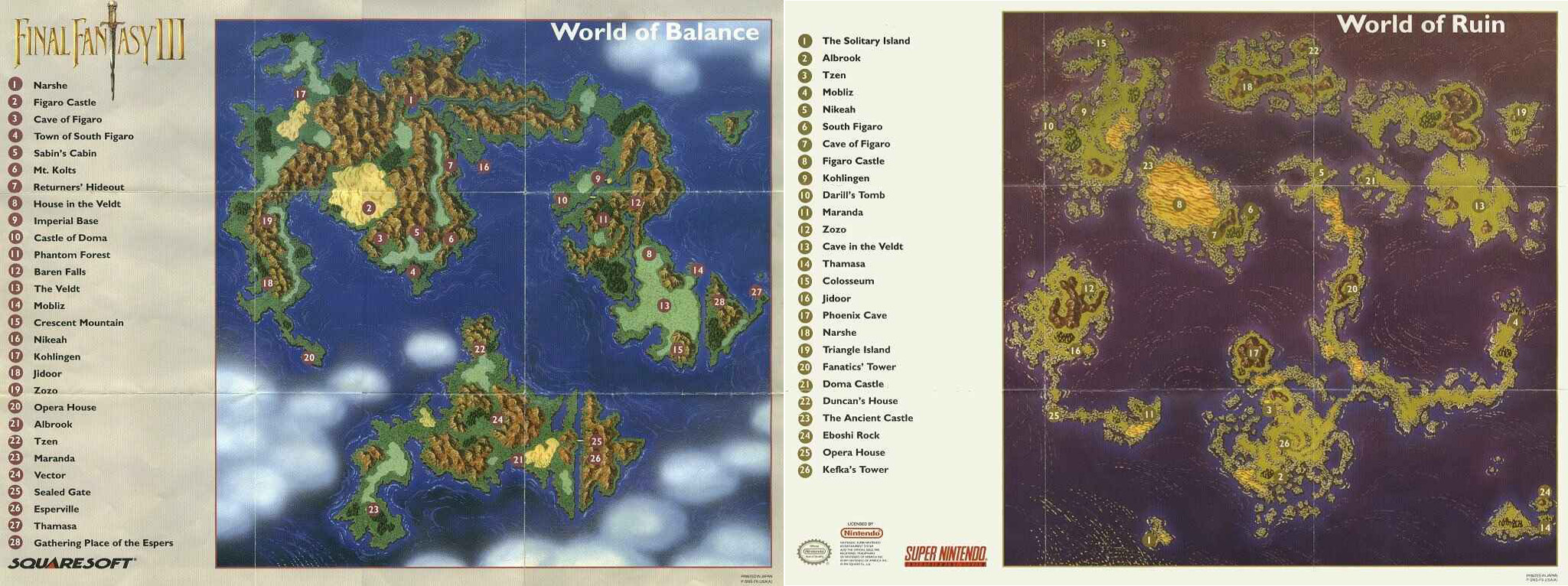 The overworld maps of Final Fantasy; before Kefka and after Kefka. 