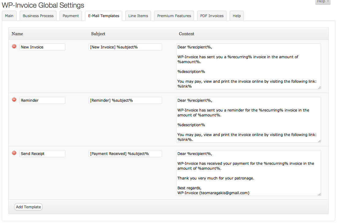 WP Invoice Settings E-Mail Templates Tab