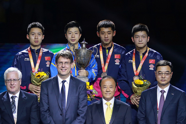 WTTC 2015: Men's Singles ceremony (Fang Bo, Ma Long, Zhang Jike, Fan Zhendong) - by courtesy of ITTF