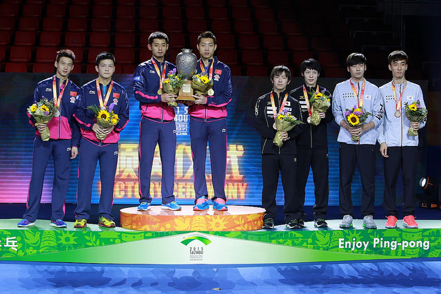 WTTC 2015: Men's Doubles ceremony (Zhou Yu, Fan Zhendong, Zhang Jike, Xu Xin, Koki Niwa, Kenta Matsudaira, Seo Hyundeok, Lee Sangsu) - by courtesy of ITTF